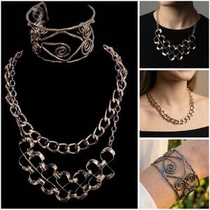 Jewelry Bundle (3), 2 Chain Necklaces & 1 Cuff Spiral Bracelet Gunmetal Handmade